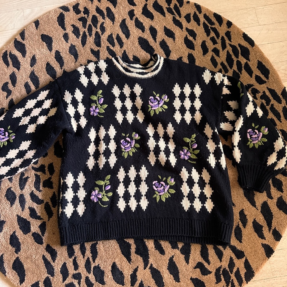 Zara Black and White Sweater with Purple Floral Design